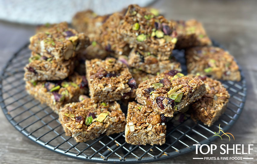 Cranberry, Macadamia Granola Bars with Pistachios